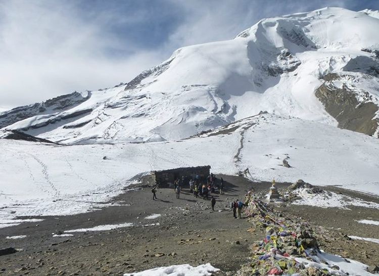 Tharong La on crossing Tharong La high pass on Annapurna circuit trek in the Nepal Himalaya