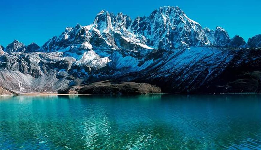 Peaks above Gokyo Lake from Gokyo Village