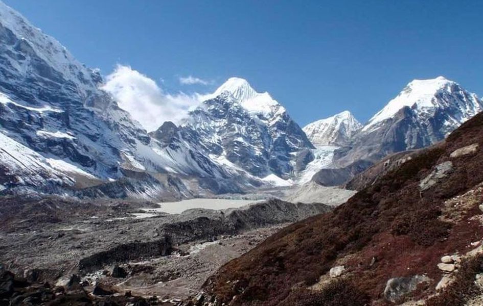 Peak 6 / Mount Tutse ( 6739m ), Chamlang East ( 7235m ) and Peak 4 ( 6720m ) on approach to Shershon in the Barun Valley