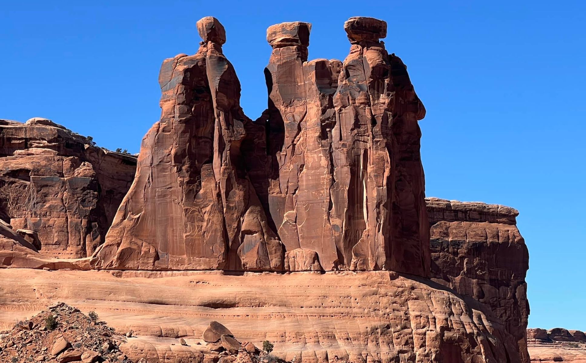 The Three Gossips in Courthouse Towers area of Arches National Park in winter