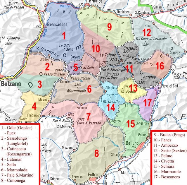 Map of the Dolomites in Italy