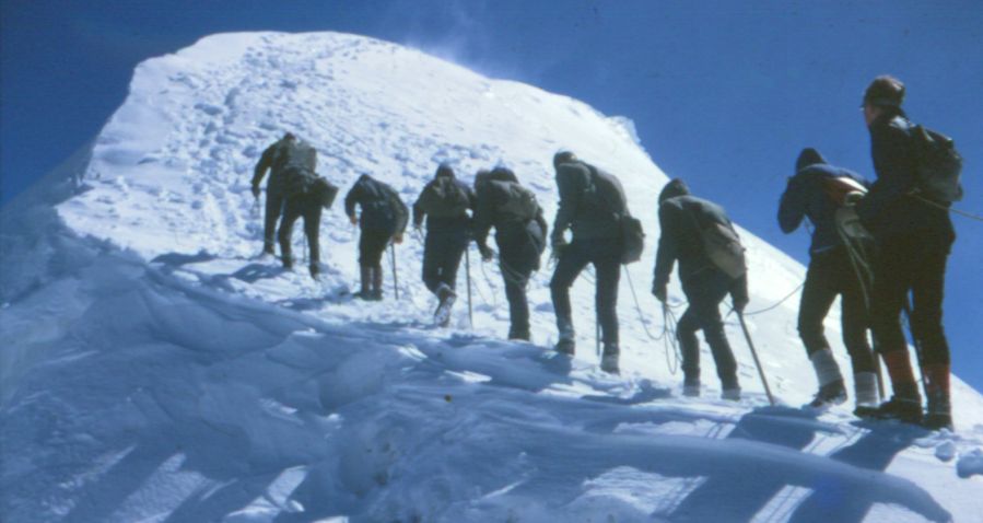 24th Glasgow ( Bearsden ) Scout Group approaching summit cone of Balmhorn in the Bernese Oberlands of Switzerland