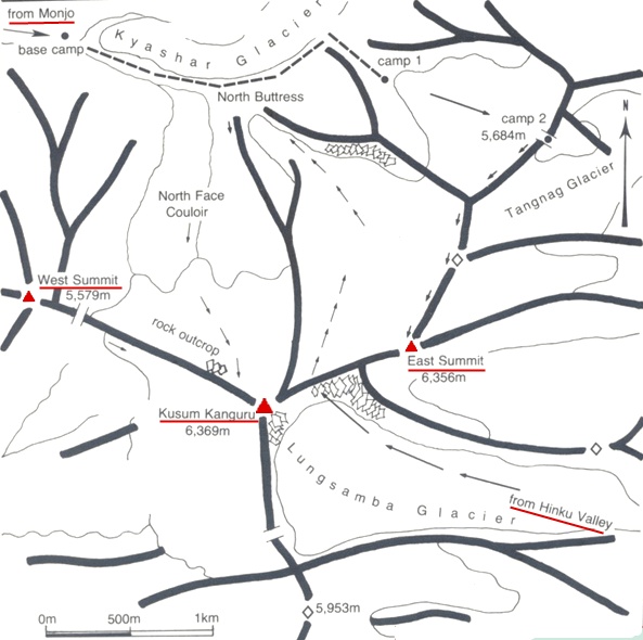 Location Map and Access Routes for Kusum Kanguru in the Khumbu Region of the Nepal Himalaya