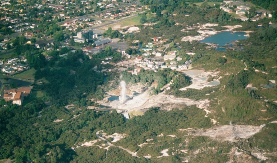 Aerial View of Pohutu Geyser in Rotorua City in North Island of New Zealand