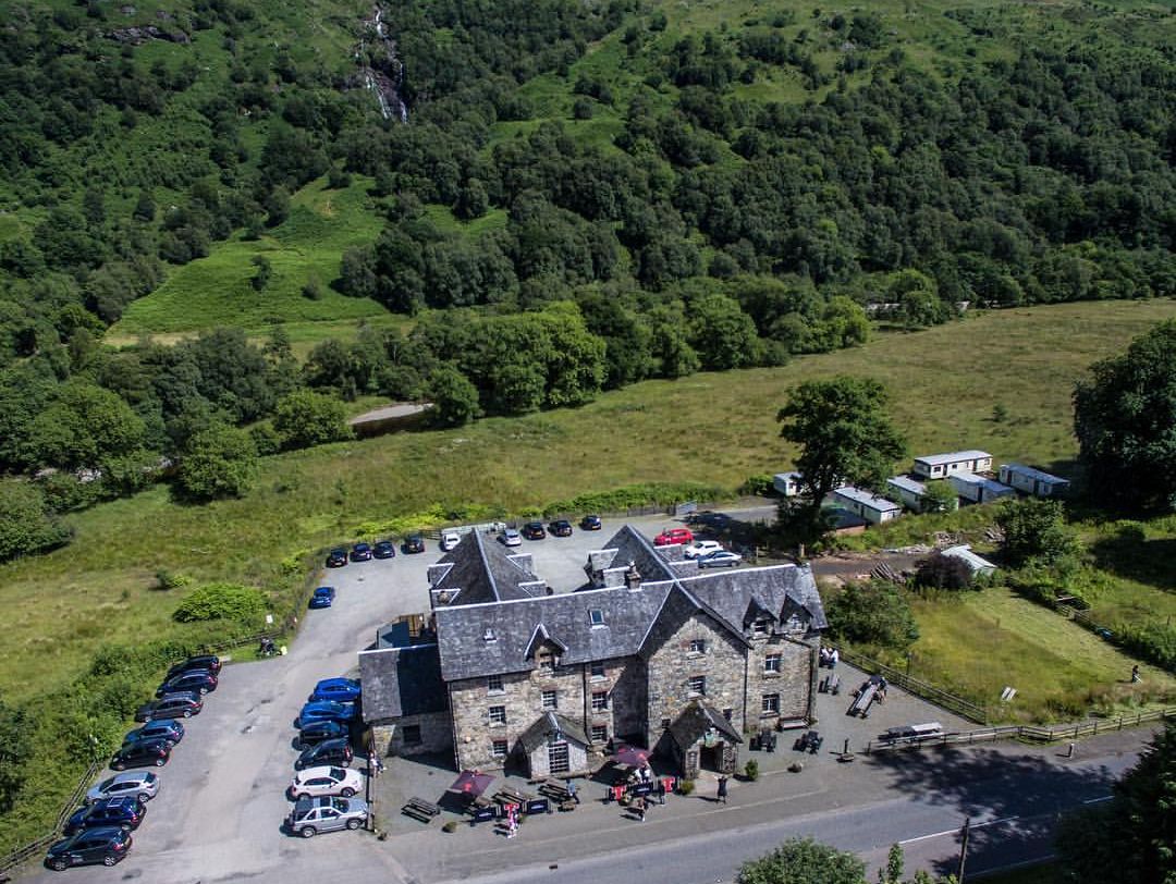 Aerial view of the Drovers Inn at Inverarnan, Ardlui