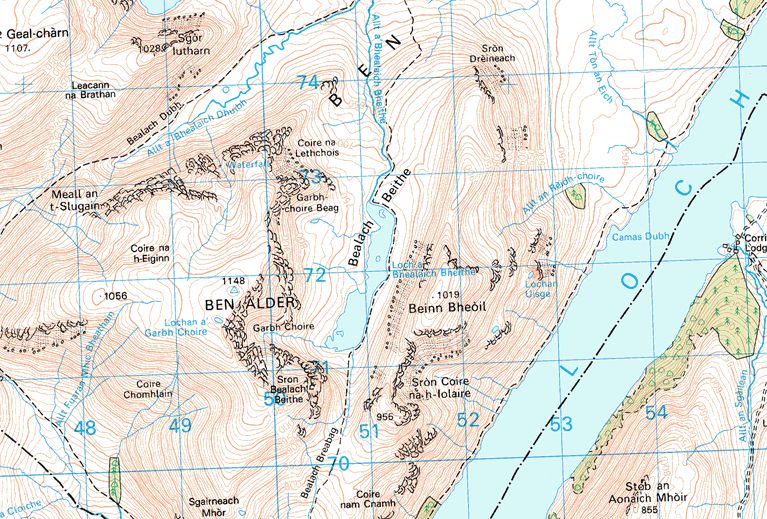 Map of Ben Alder and Beinn Bheoil