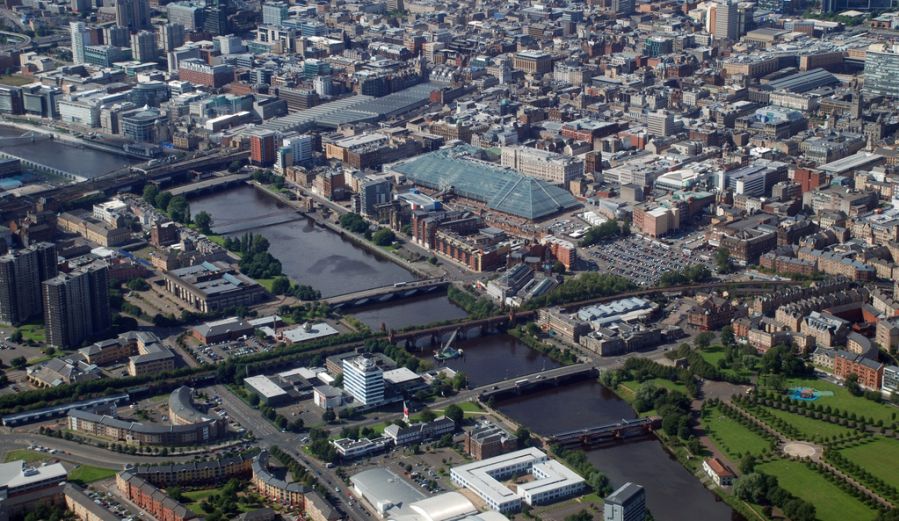 Aerial view of Glasgow Green and Bridges over the River Clyde