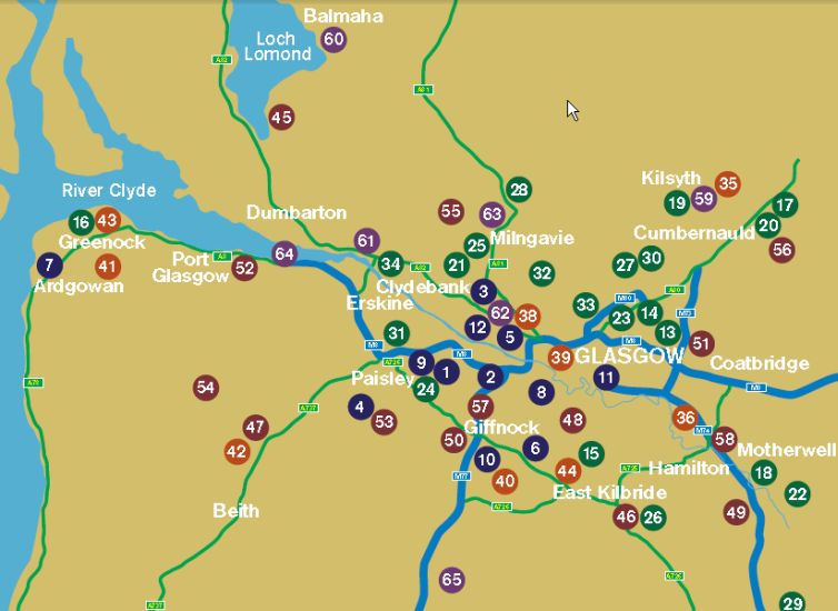 Location Map of Parks in and around Glasgow