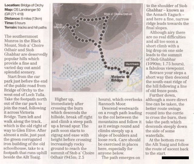 Map and Route Description for Stob Ghabhar in the Black Mount of Glencoe