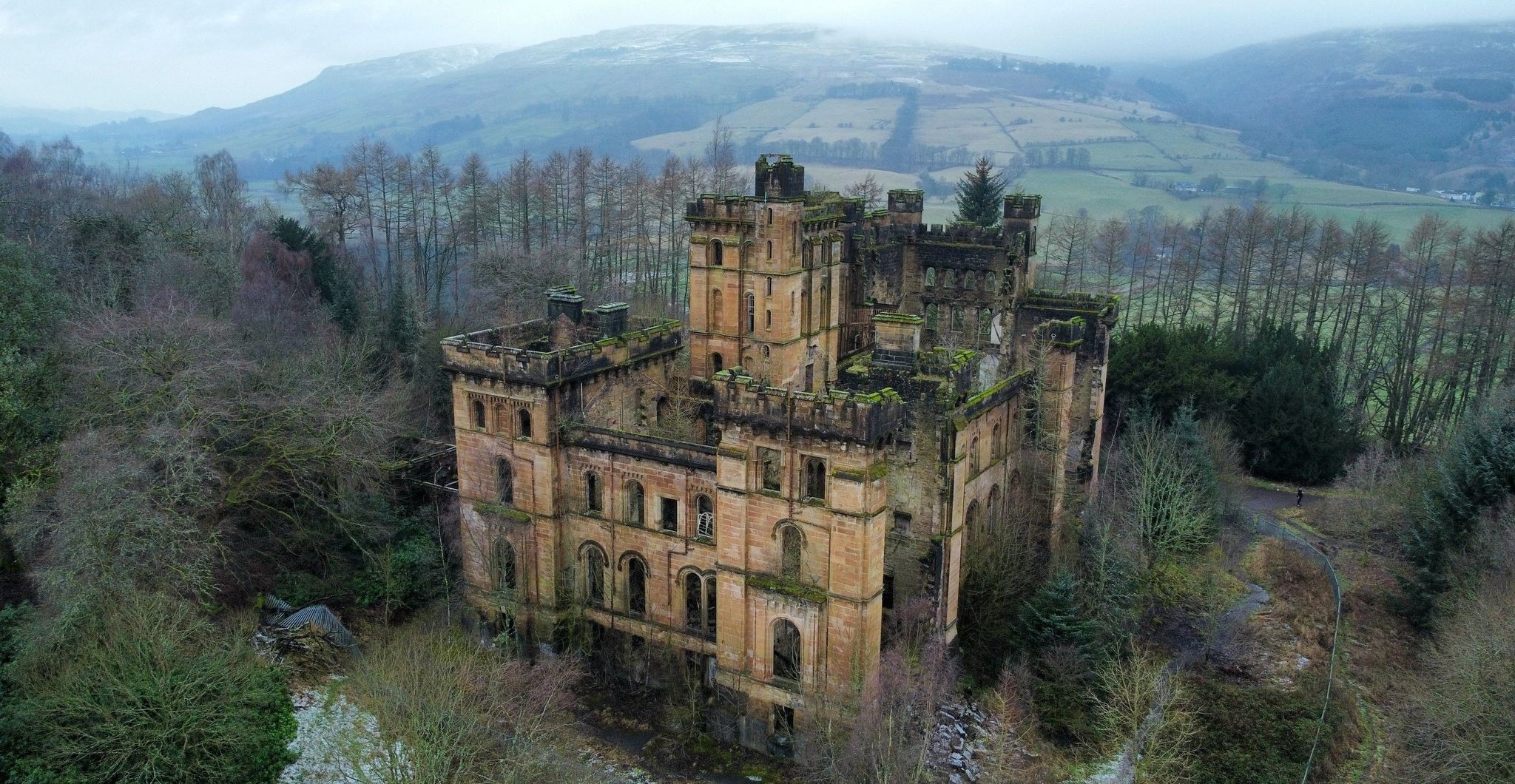 Aerial view of Lennox Castle above Lennoxtown