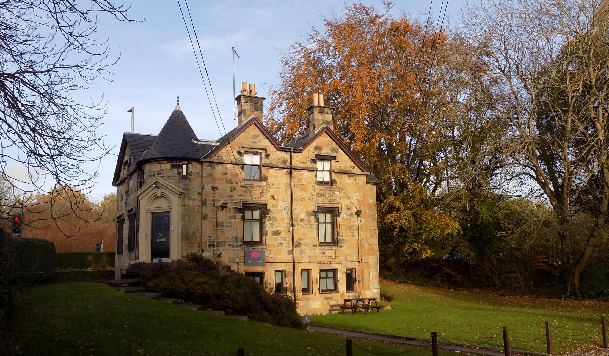 "Pink Elephant Communications" - Lochinch House at entrance to Pollok Country Park from Dumbreck Road