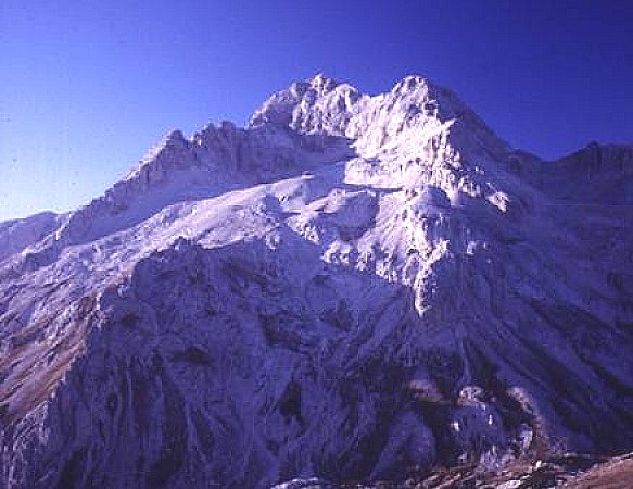 Snowbound upper slopes of Mt. Triglav in winter in the Julian Alps of Slovenia