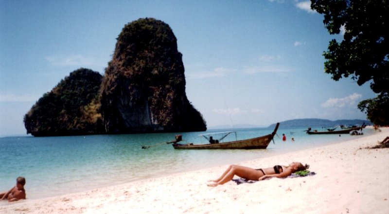 Beach and Limestone Islets at Hat Tham Phra Nang near Krabi in Southern Thailand