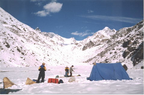 Mt. Chugimago from camp at Thare Teng at head of the Nupenobug Khola Valley